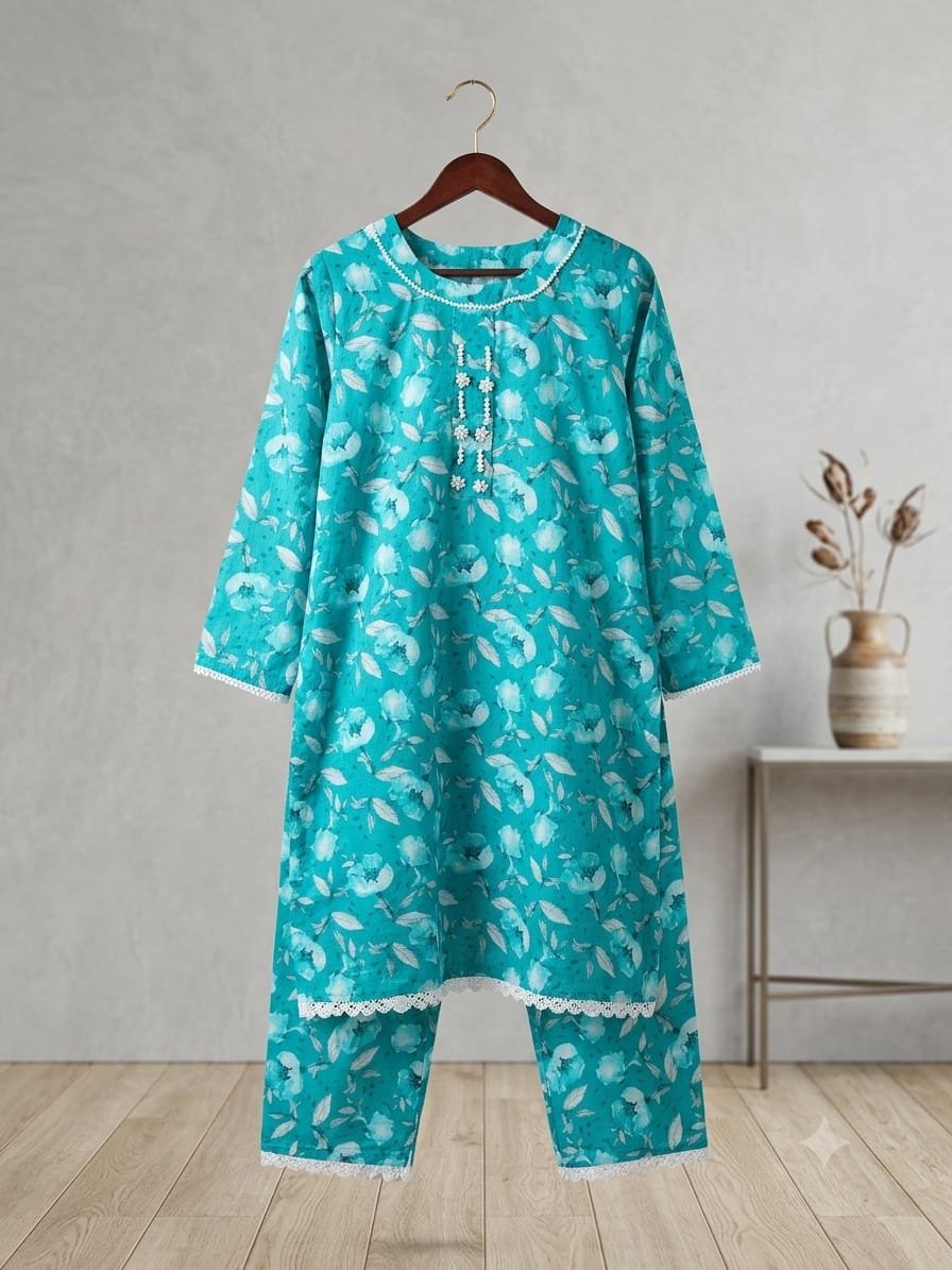 Teal Bloom – 2 Piece Printed Lawn Suit
