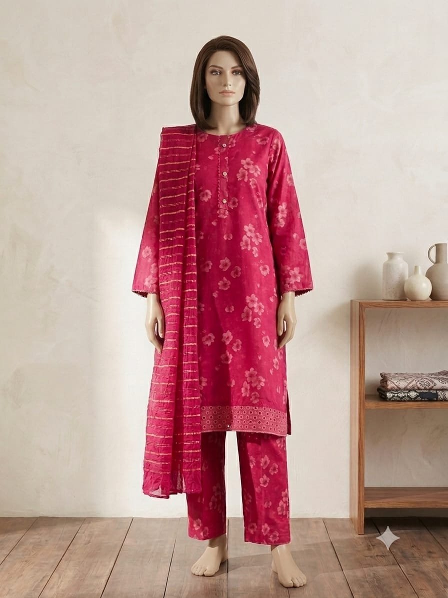 Pink Pinstripe – 3 Piece Printed Lawn Suit