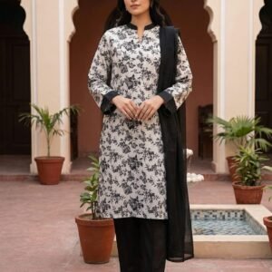 Monochrome Bloom – 3 Piece Printed Lawn Suit