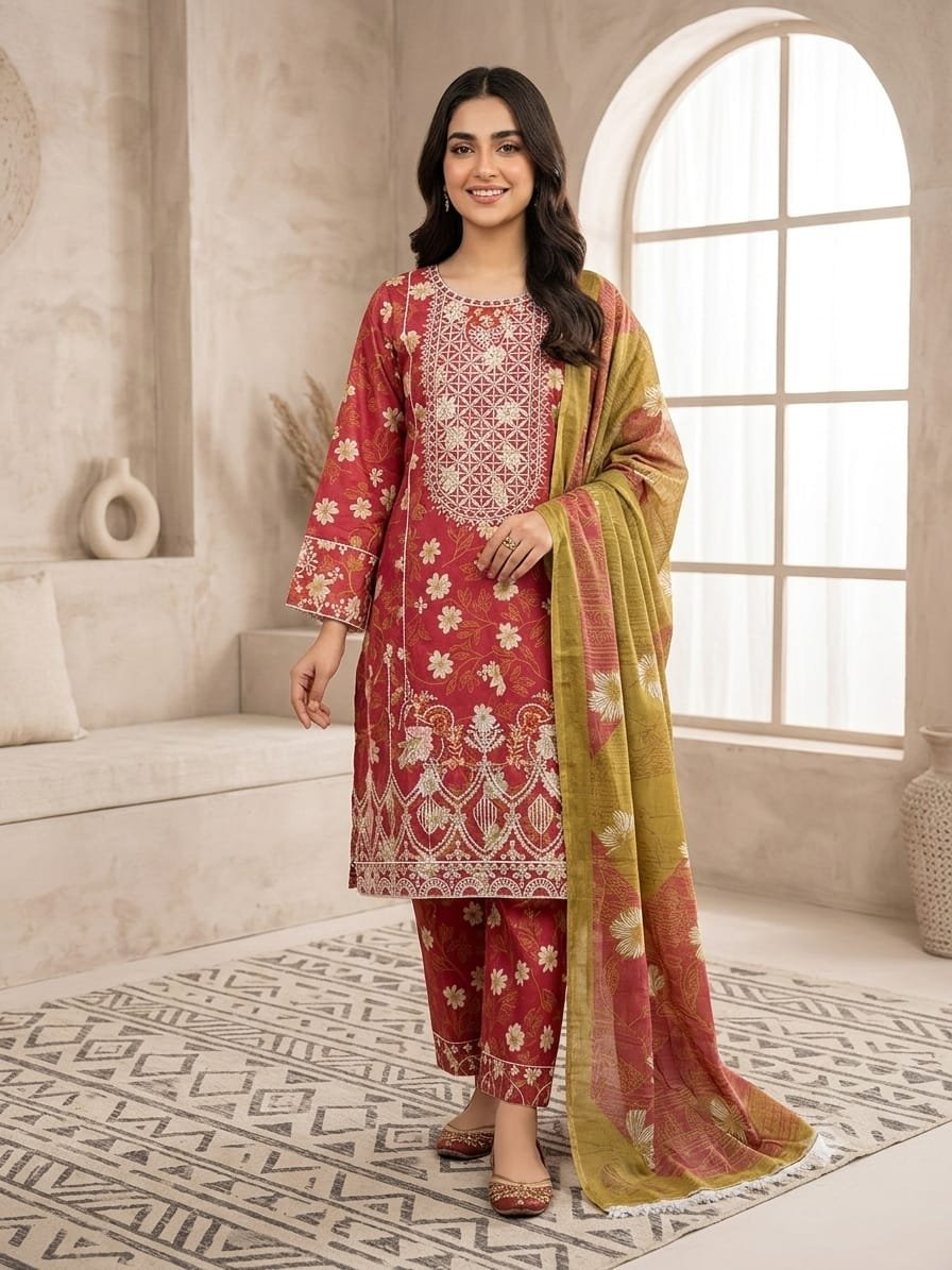 Scarlet Charm – 3 Piece Embroidered Lawn Suit
