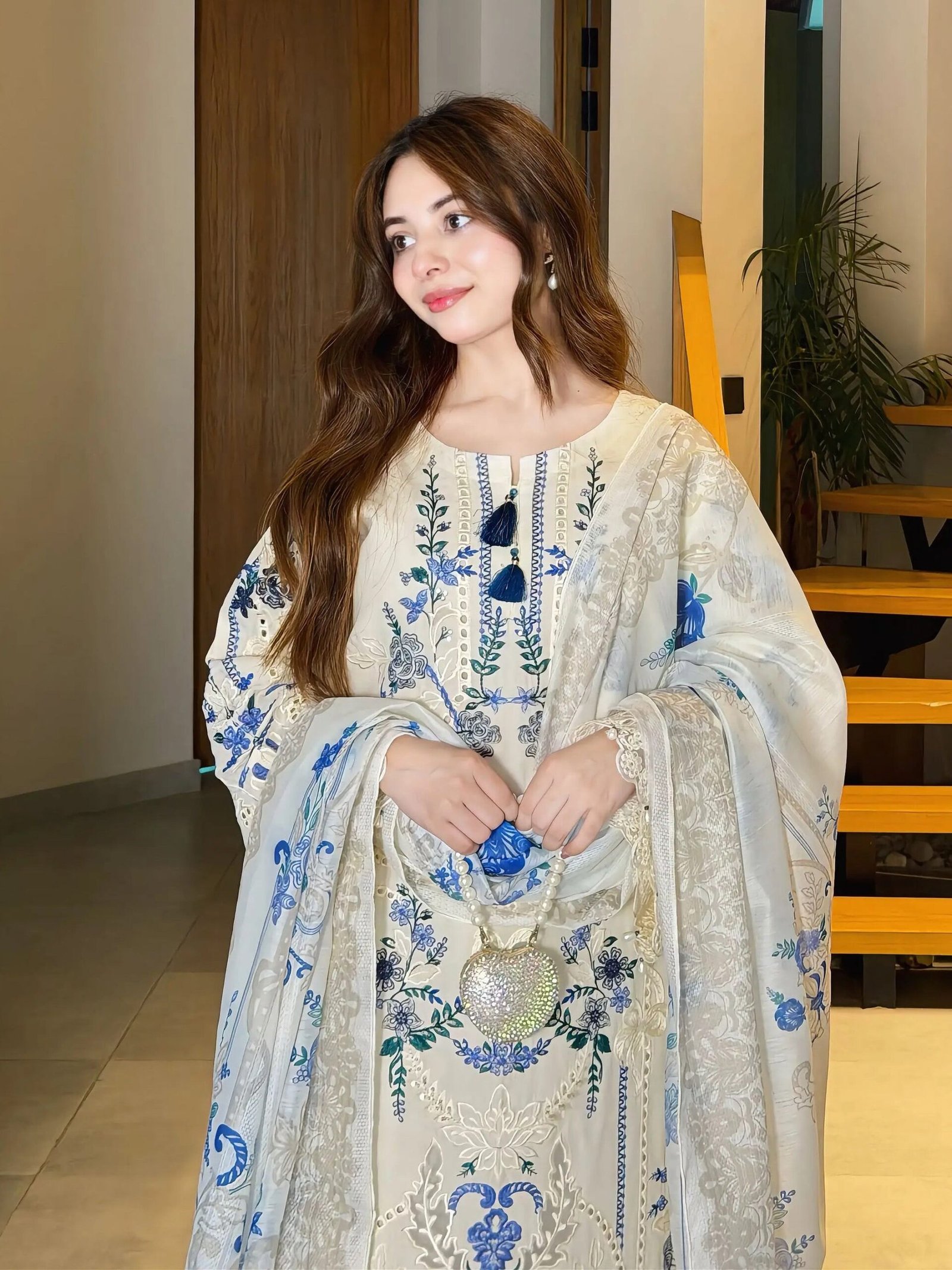Zayra Ivory & Blue Fusion 3-Piece cotton Suit - Image 2