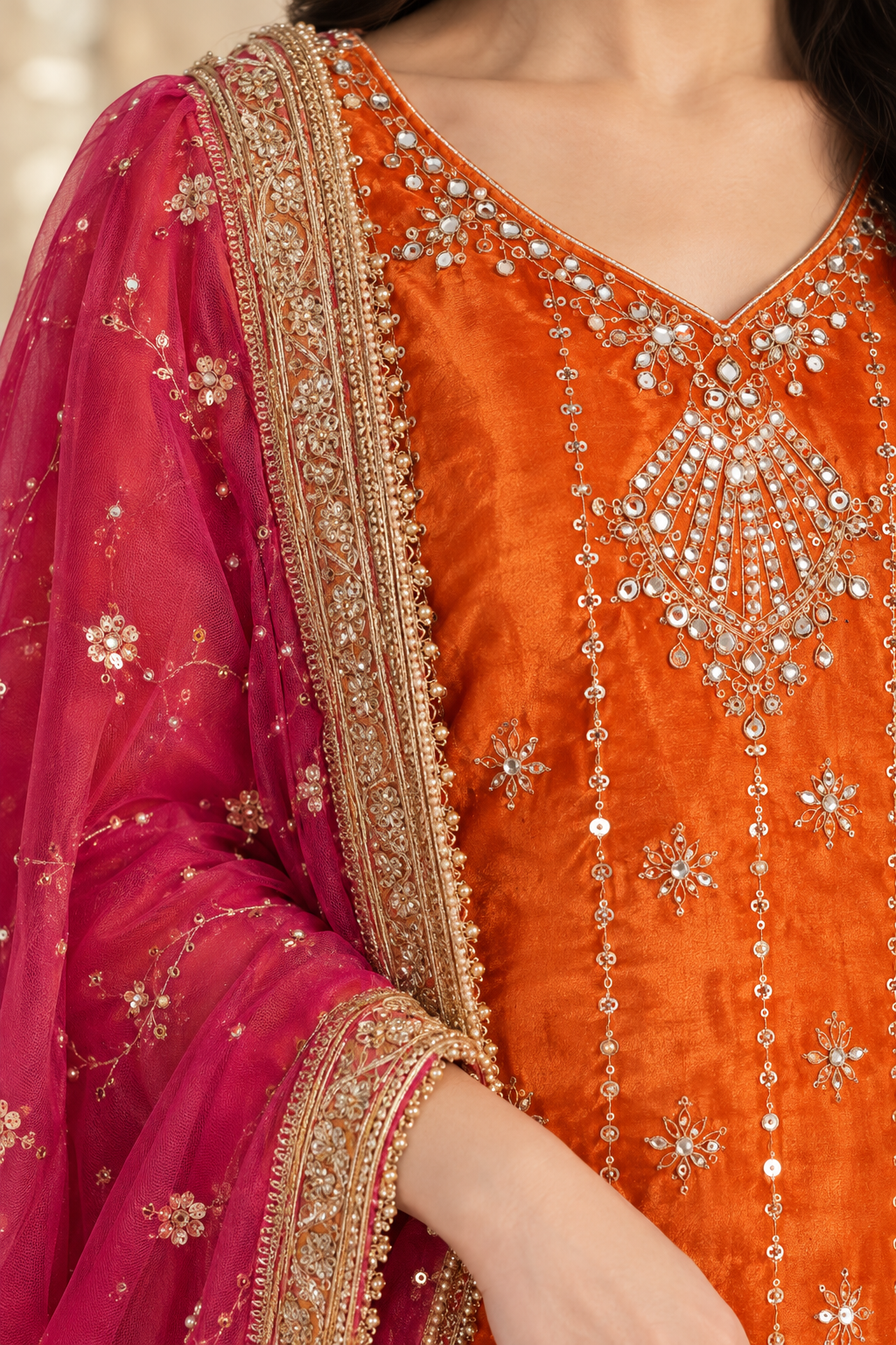 Rani Orange & Pink Embroidered Luxury Ensemble - Image 2