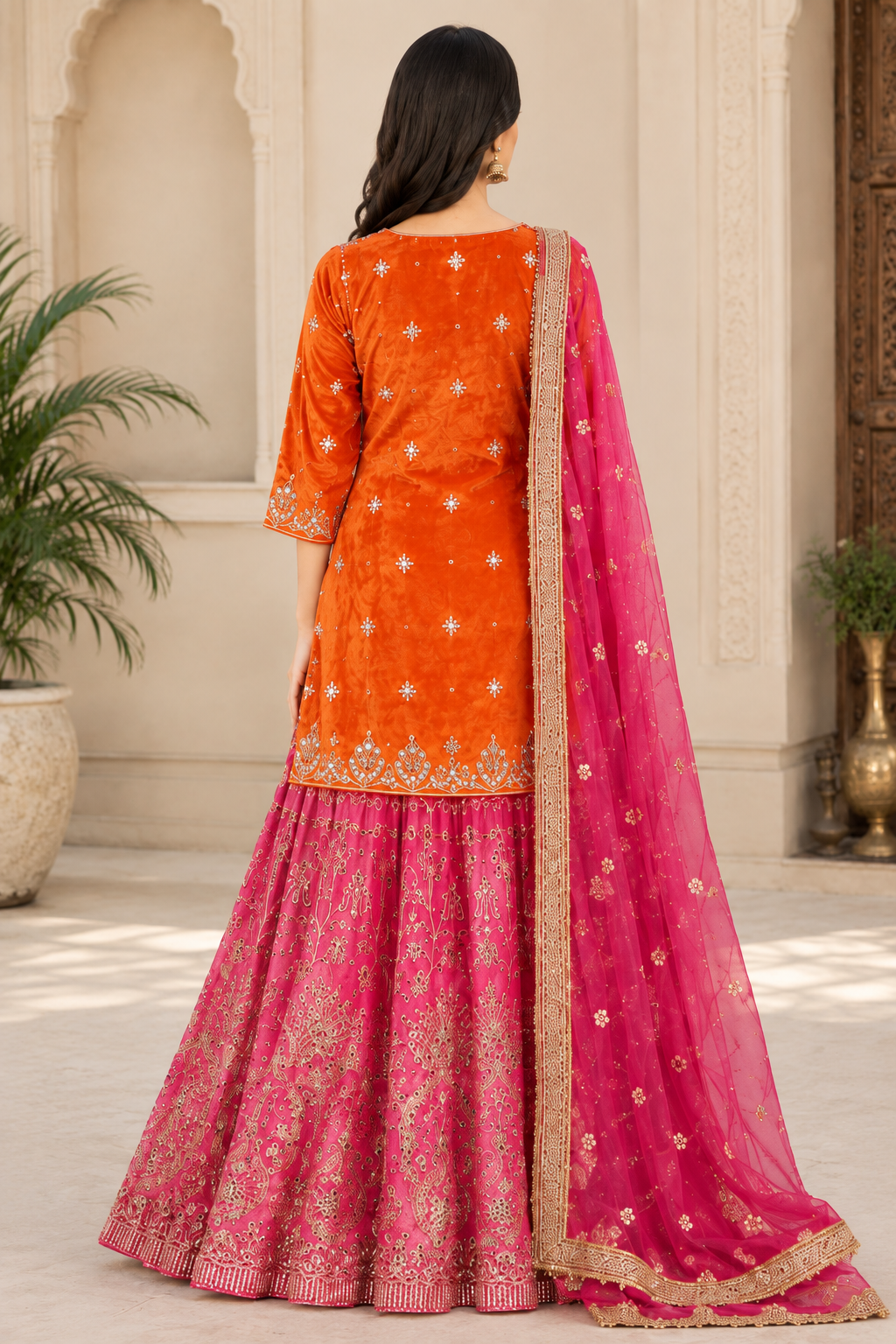 Rani Orange & Pink Embroidered Luxury Ensemble - Image 3