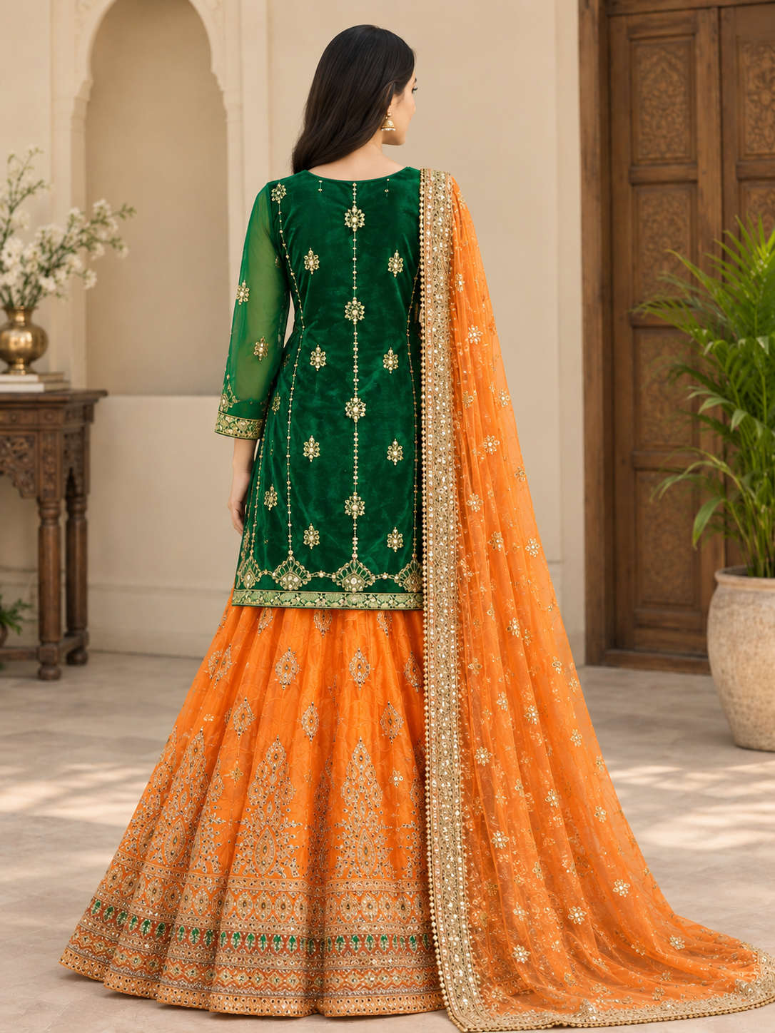 Emerald & Orange Luxury Lehenga - Image 4