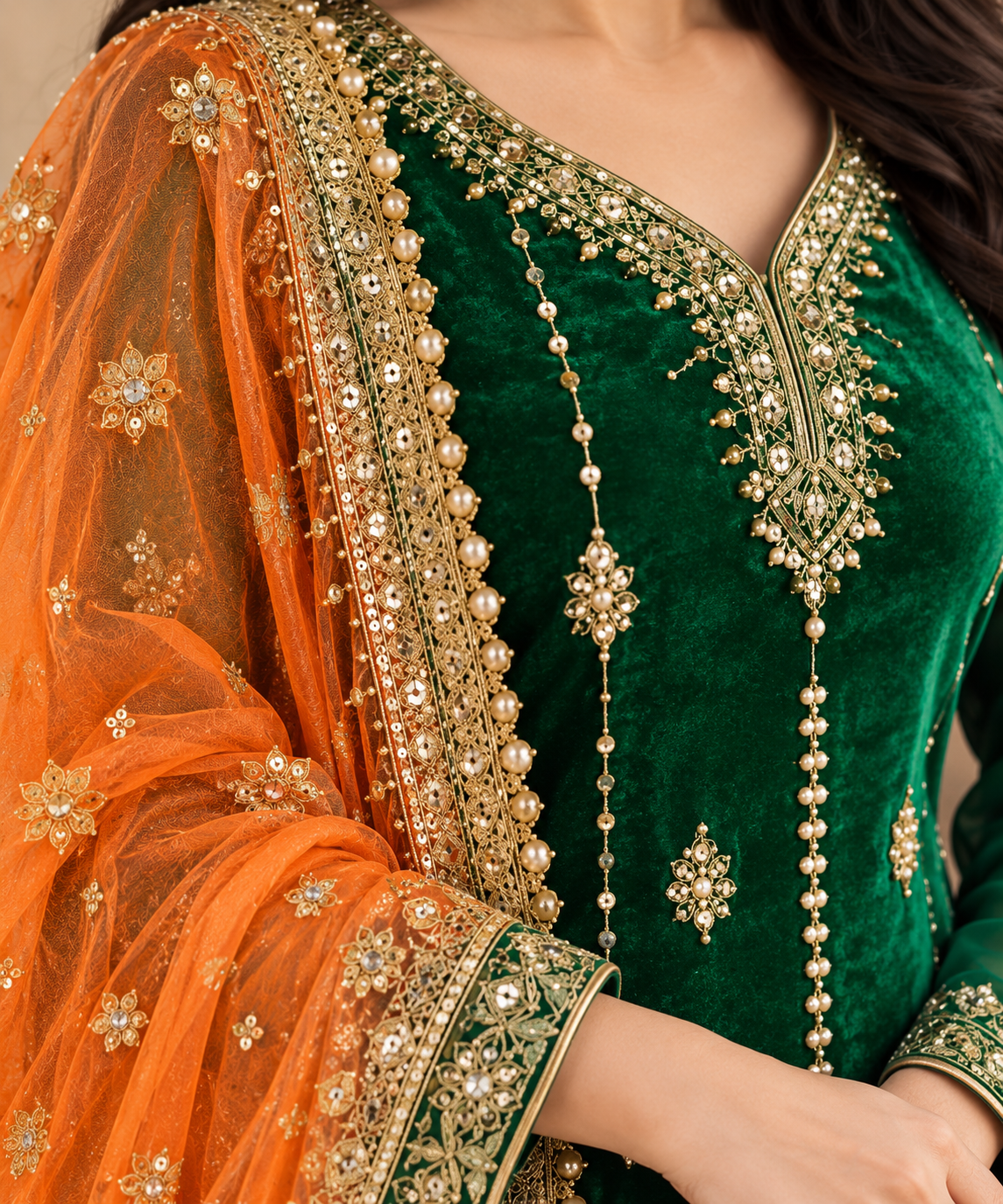 Emerald & Orange Luxury Lehenga - Image 3