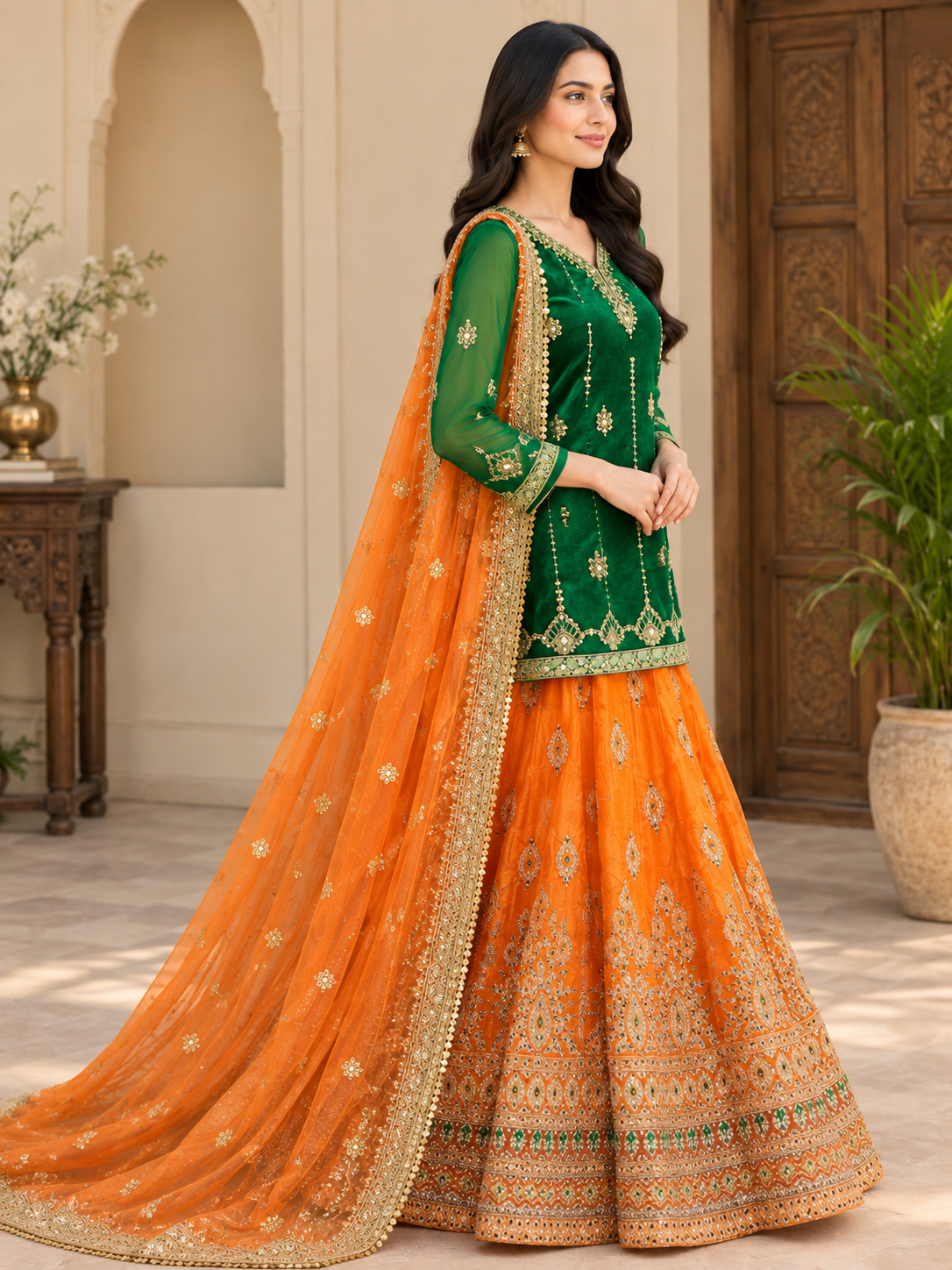 Emerald & Orange Luxury Lehenga - Image 2