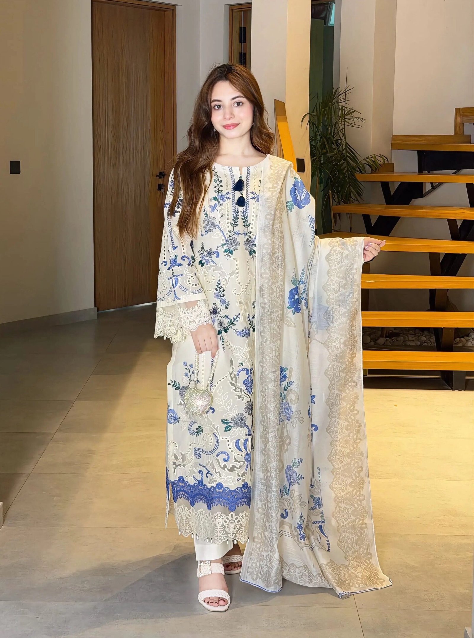 Zayra Ivory & Blue Fusion 3-Piece cotton Suit