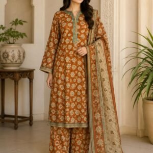 Rust Floral Printed 3-Piece Suit