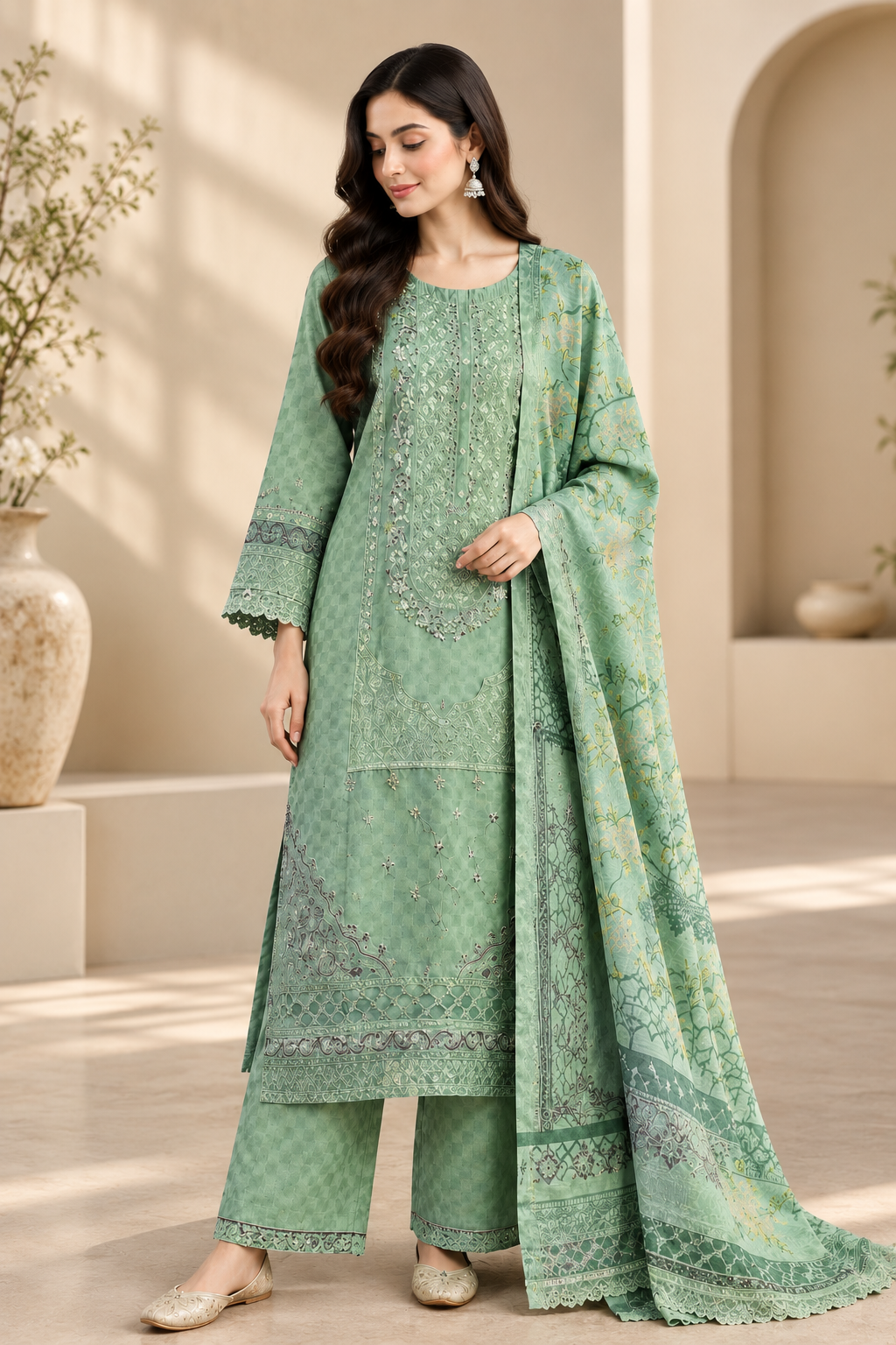 Mint Elegance Embroidered 3-Piece Suit